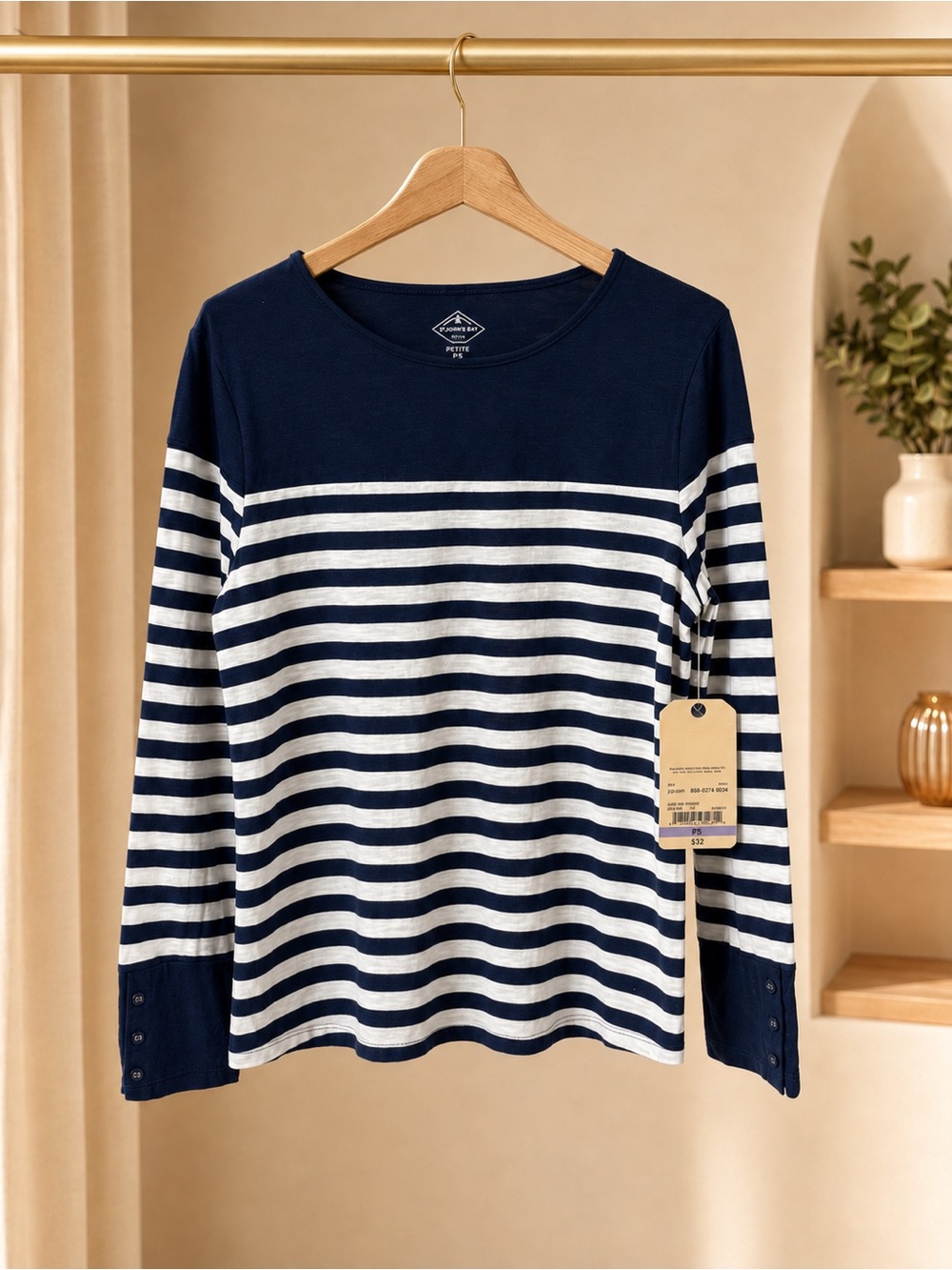 St. John’s Bay Petite Small Navy Stripe Cotton Long Sleeve Top NWT
